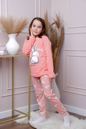 Pijamale - Pijama fetite Ellie din bumbac corai cu imprimeu cu iepurasi
