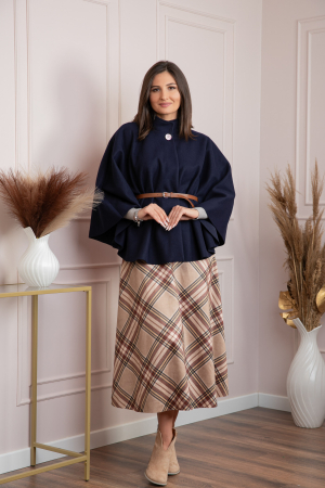 Poncho dama bleumarin cu lana si curea in talie Kara [3]