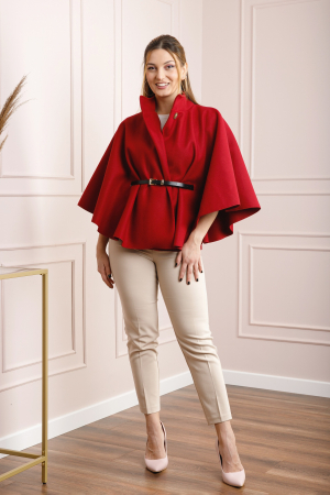 Paltoane si geci - Poncho grena elegant cu curea in talie