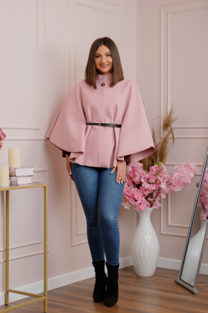 Paltoane si geci - Poncho roz pudrat elegant cu curea in talie