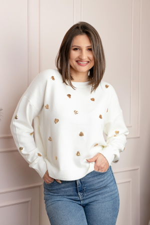 Pulovere - Pulover alb Riley cu inimioare din paiete aurii