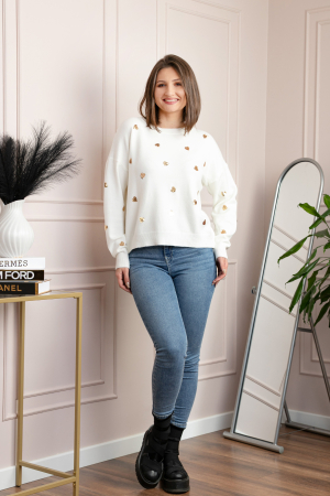 Pulover alb Riley cu inimioare din paiete aurii [3]