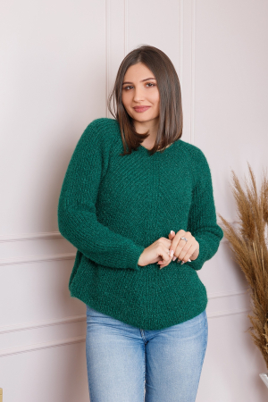Pulovere - Pulover Bella pufos verde cu maneci raglan