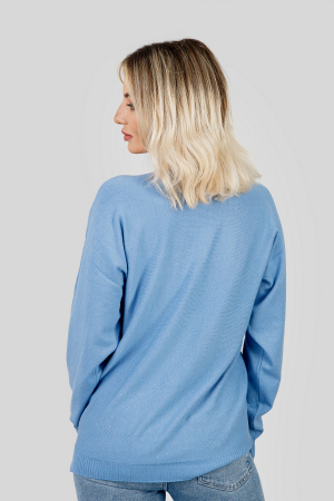 Pulover bleu cu fir stralucitor si crepeu lateral [2]