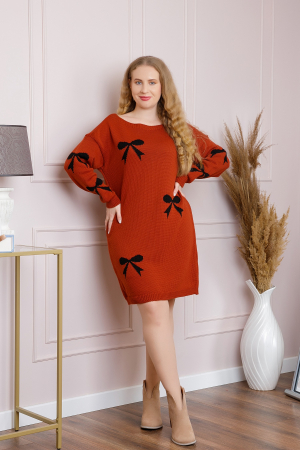 Pulovere - Pulover Bonnie caramiziu tip rochie cu fundite