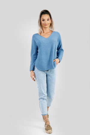 Pulover casual bleu cu maneci liliac [3]