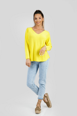 Pulover casual galben neon cu maneci liliac [3]