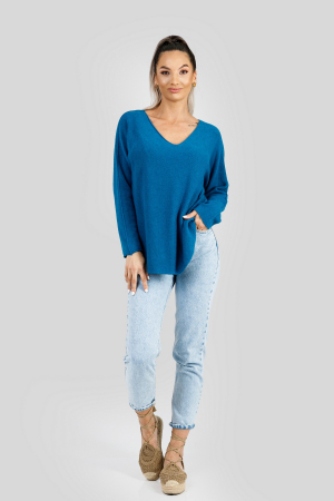 Pulover casual turcoaz inchis cu maneci liliac [3]