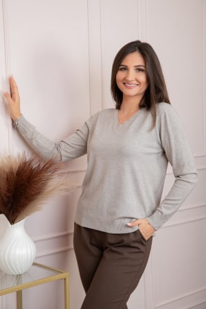 Pulovere - Pulover dama bej cu casmir si decolteu in V Doreen