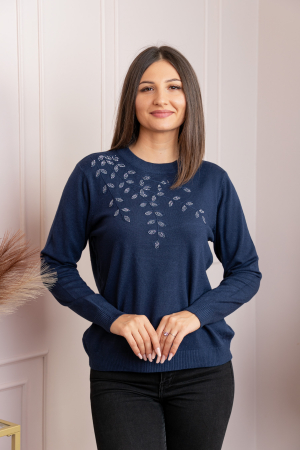 Pulovere - Pulover dama bleumarin cu casmir si strasuri Thea