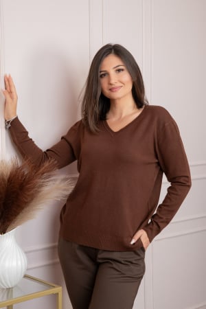 Pulovere - Pulover dama maro cu casmir si decolteu in V Doreen