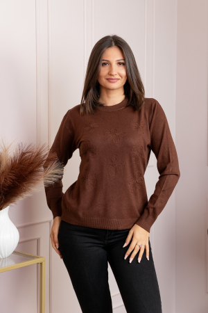 Pulovere - Pulover dama maro cu casmir si flori in relief Elia