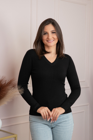 Pulovere - Pulover dama negru cu casmir si decolteu V Judy