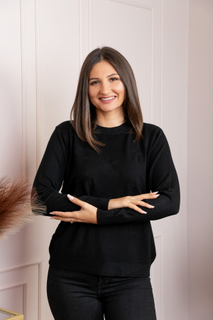 Pulover dama negru cu casmir si flori in relief Elia [3]