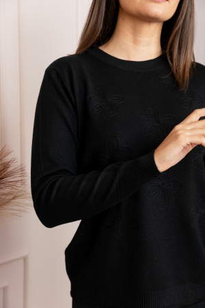 Pulover dama negru cu casmir si flori in relief Elia [1]