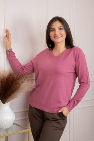 Pulovere - Pulover dama roz cu casmir si decolteu in V Doreen