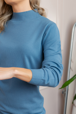 Pulover Ellen din tricot subtire cu guler inalt - Albastru fumuriu [1]