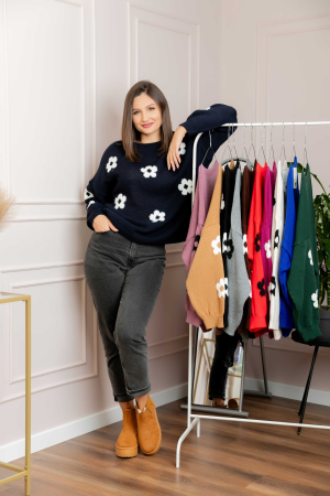 Pulover lejer April din tricot cu floricele - Bleumarin [3]