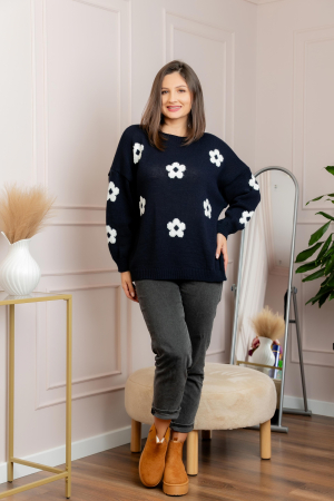 Pulover lejer April din tricot cu floricele - Bleumarin [2]