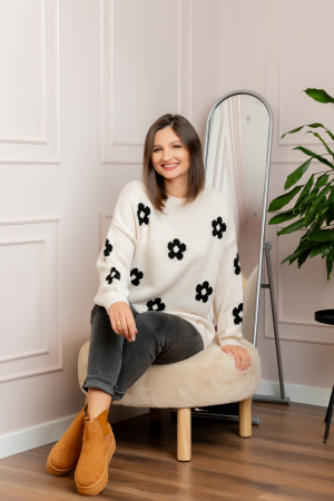 Pulover lejer April din tricot cu floricele - Ecru [1]
