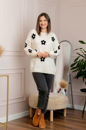 Pulover lejer April din tricot cu floricele - Ecru [2]