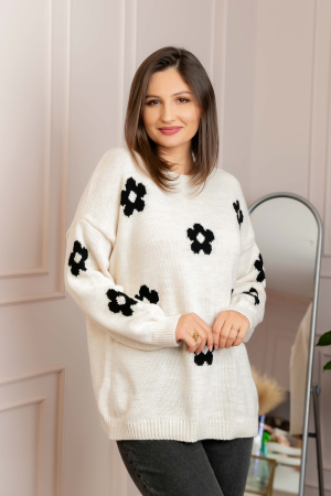 Pulover lejer April din tricot cu floricele - Ecru [3]