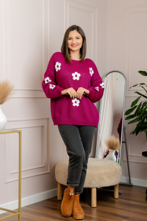 Pulover lejer April din tricot cu floricele - Fuchsia [2]