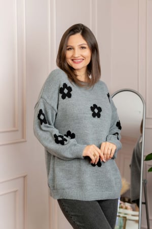 Pulover lejer April din tricot cu floricele - Gri [3]