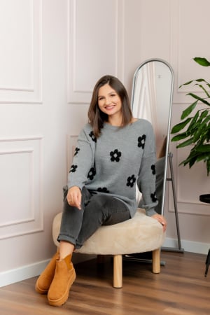 Pulover lejer April din tricot cu floricele - Gri [1]