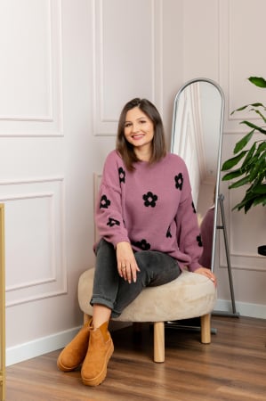 Pulover lejer April din tricot cu floricele - Lila [1]
