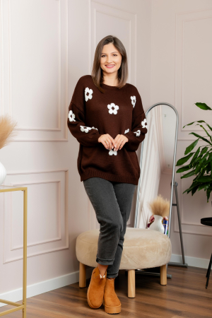 Pulover lejer April din tricot cu floricele - Maro [2]