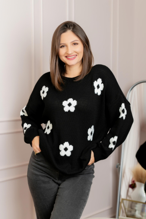 Pulovere - Pulover lejer April din tricot cu floricele - Negru