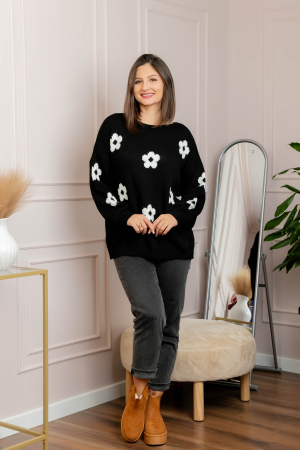 Pulover lejer April din tricot cu floricele - Negru [3]