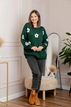 Pulover lejer April din tricot cu floricele - Verde [2]