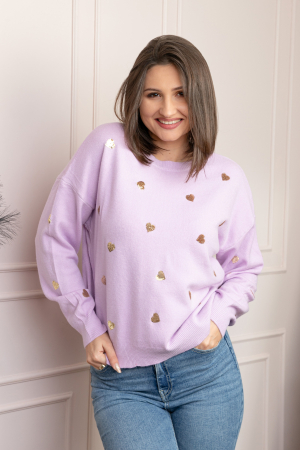 Pulovere - Pulover lila Riley cu inimioare din paiete aurii