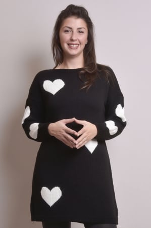 Pulovere - Pulover lung negru cu inimioare albe