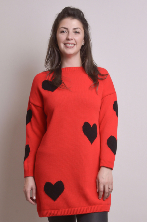 Pulovere - Pulover lung rosu cu inimioare negre