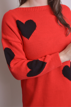 Pulover lung rosu cu inimioare negre [1]