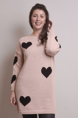 Pulover lung roz pudrat cu inimioare negre [3]