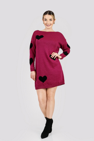 Pulover lung visiniu cu inimioare negre [3]
