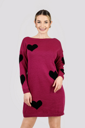 Pulovere - Pulover lung visiniu cu inimioare negre