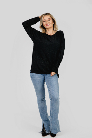 Pulover negru cu fir stralucitor si crepeu lateral [3]