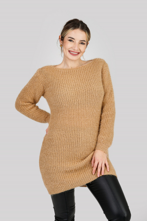 Pulover pufos bej tip rochie cu decolteu barcuta [3]