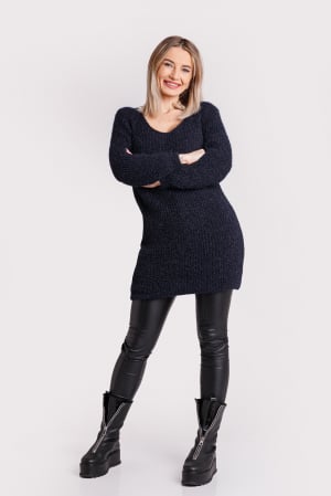 Pulovere - Pulover pufos bleumarin tip rochie