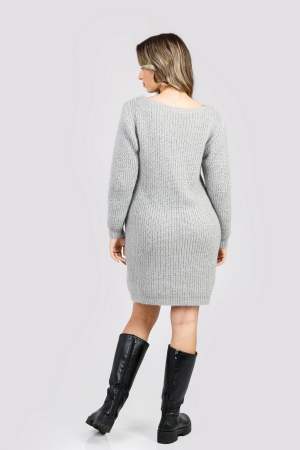 Pulover pufos gri tip rochie cu decolteu barcuta [2]