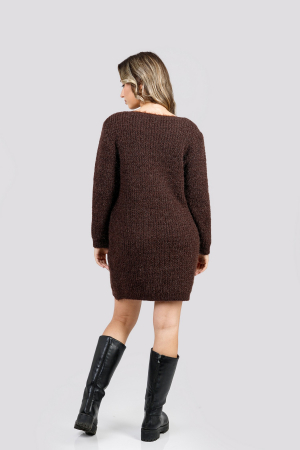 Pulover pufos maro tip rochie cu decolteu barcuta [2]