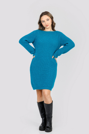 Pulover pufos turcoaz tip rochie cu decolteu barcuta [3]