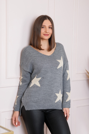 Pulovere - Pulover Stella gri cu stelute si decolteu in V