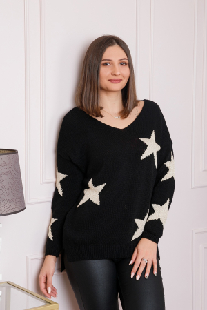 Pulovere - Pulover Stella negru cu stelute si decolteu in V
