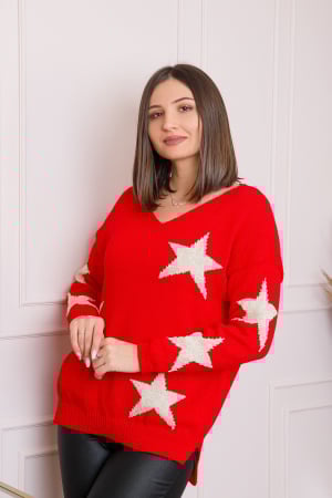 Pulovere - Pulover Stella rosu cu stelute si decolteu in V